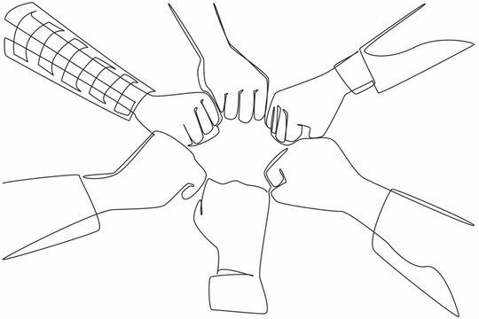 Single one line drawing 6 hands with different sleeve styles, clenching their fists together. Reaching consensus. Uniting spirit. Teamwork. Join Hands Day. Continuous line design graphic illustration