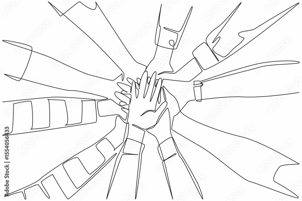 Poster single continuous line drawing 5 pairs of hands with various sleeve models stacked on top of each ot