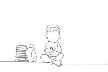 Single continuous line drawing baby boy sitting wearing diaper with pile of diapers. Cute little baby just finished bathing. Hygiene. Kids In Need Of Diapers Day. One line design vector illustration