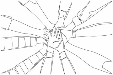 Single continuous line drawing 5 pairs of hands with various sleeve models stacked on top of each other. Collaboration between divisions. Colleague. Join Hands Day. One line design vector illustration