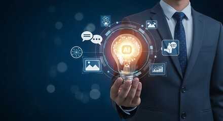 AI Innovation: Glowing Lightbulb Held by Businessman, Symbolizing Technological Advancement and Future Solutions