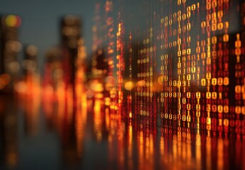 Binary code overlaid on a blurred cityscape at night