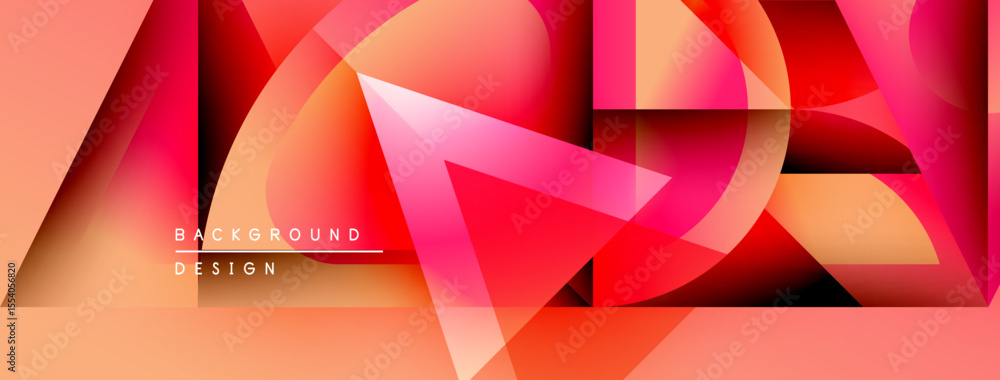 Poster abstract geometric shapes overlap, creating vibrant orange, pink hues. design features text elements