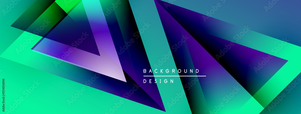 Poster Abstract geometric shapes overlap, creating vibrant teal, purple gradients. Modern design elements suggest dynamic visual experience.