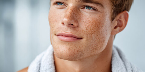 Close-up portrait of a young man with freckles, blue eyes, and a slight smile, wearing a white towel around his neck.
