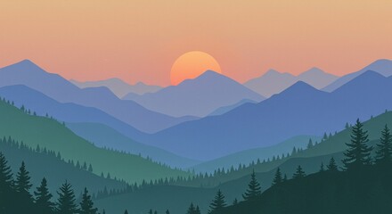 Sunset mountain landscape illustration