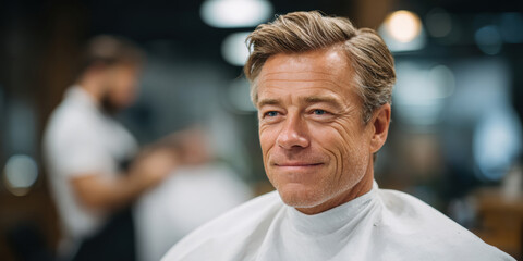 A middle-aged man with styled hair sits in a barbershop chair, smiling slightly as he gets a haircut.