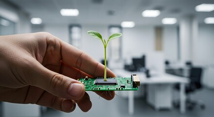 Two hands nurture a small green plant growing from a computer circuit board in an office, symbolizing green technology, sustainable business, ESG, and innovation.