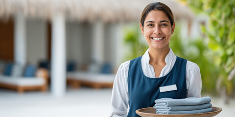 A smiling hotel maid or housekeeper holds a tray with folded towels, dressed in a uniform, standing in a bright, welcoming environment.
