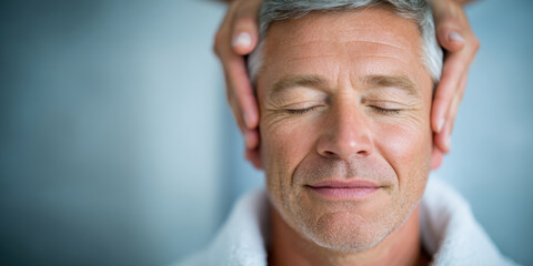 A middle-aged man with closed eyes enjoys a calming head massage, appearing relaxed and serene.