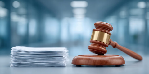 A judge's wooden gavel rests beside a large stack of documents on a reflective surface in a brightly lit, blurred office environment.