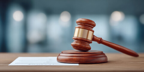 A wooden judge's gavel rests on a sound block beside a legal document, symbolizing justice and courtroom decisions.