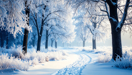 A sunlit, snow-covered path winds through a frost-laden forest of leafless trees, the scene bathed in a cool, ethereal blue light