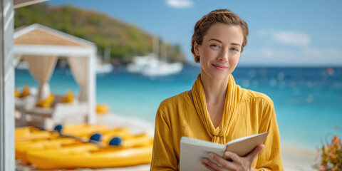 A woman in a yellow blouse reads a book on a sunny beach with kayaks and a cabana in the background.