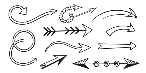 Hand-Drawn Doodle Arrows – Curved, Loopy, Zigzag Line Icons in Vector Style