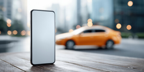 A smartphone with a blank screen stands on a wooden surface with a blurred city street and an orange car in the background.