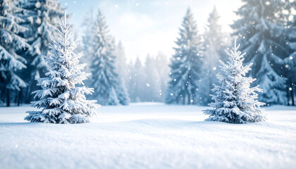 Sunlit snowy forest scene with two snow-covered evergreen trees in the foreground, soft snowfall, and a blurred background of more trees