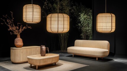 Woven furniture and lighting in a modern interior design.