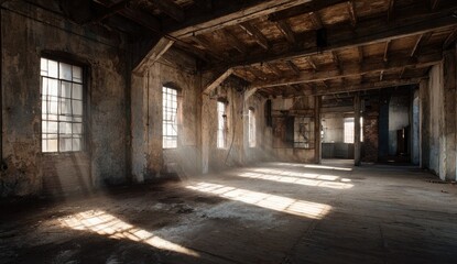 Sun-drenched, dusty abandoned factory interior