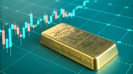 Macro detail of gold bar edges overlaid with glowing candlestick graph on neon teal—powerful fusion of bullion and finance tech visuals.