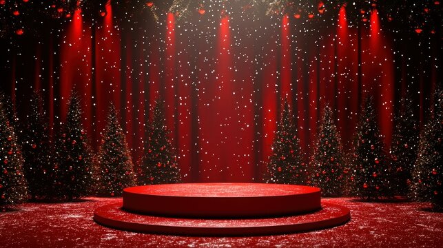 Red Christmas stage with snow