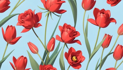 A vibrant display of red tulips and roses.