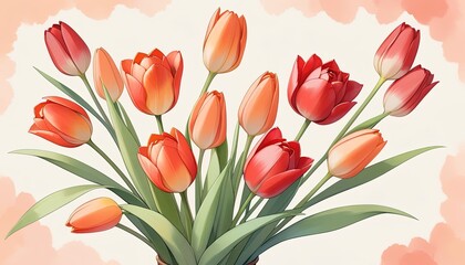 A bouquet of tulips in various shades of orange and red.