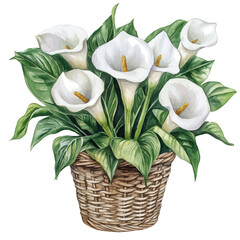 A Zantedeschia Flower Basket, watercolor painting vector, isolated on a white background.