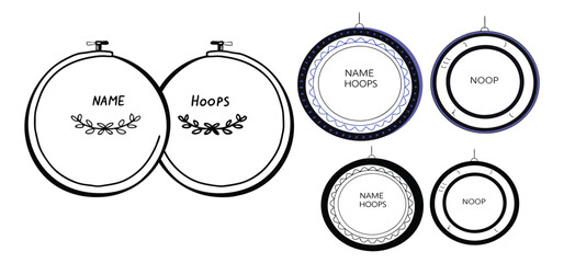 A collection of hand drawn embroidery hoops featuring text and decorative elements for creative designs
