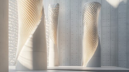 Modern architectural columns with intricate lattice designs.