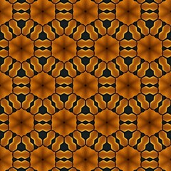 Intricate geometric pattern featuring a repetitive design of hexagonal shapes in warm shades of orange, set against a dark background