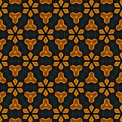 Vibrant geometric pattern featuring a repeating design of stylized shapes in warm orange and black