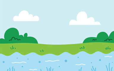 Fototapeta premium Serene Landscape With Green Hills, Fluffy White Clouds, And A Calm Blue River.