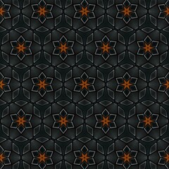 Striking geometric pattern featuring a repetitive design of star shapes in warm orange against a dark textured background