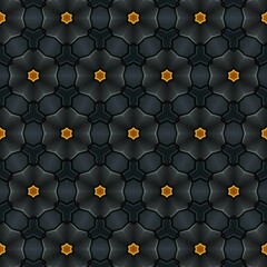 Elegant geometric pattern featuring a repeating design of star shapes in vibrant orange, set against a dark, textured background