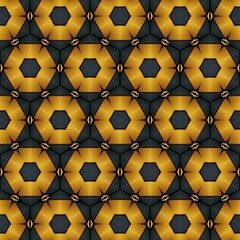 Captivating geometric pattern featuring a repetitive design of hexagonal shapes in rich golden hues against a dark textured background