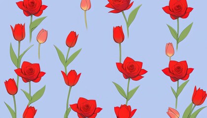 A repeating pattern of red tulips and roses on a light blue background.