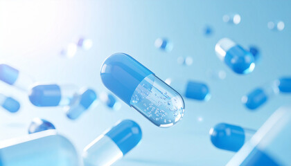 Close-up of capsules flying in the air against a bright, shiny background.