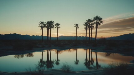 Serene sunset landscape with palm trees reflecting on tranquil water surface