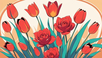 Vibrant bouquet of tulips and roses.