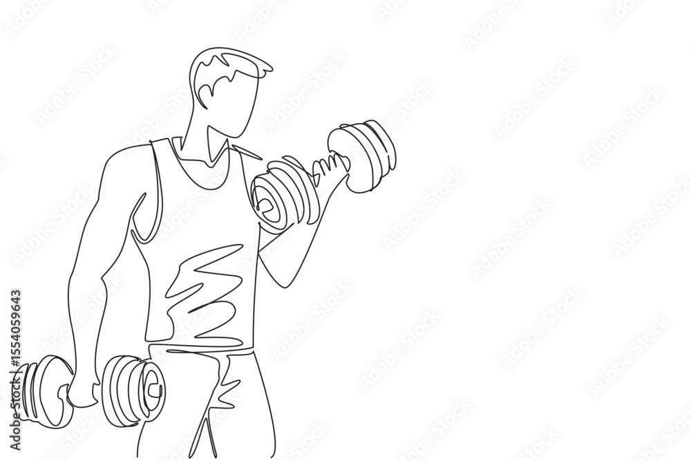 Poster single one line drawing a man lifting dumbbells in each hand. build muscle in both arms at once. app