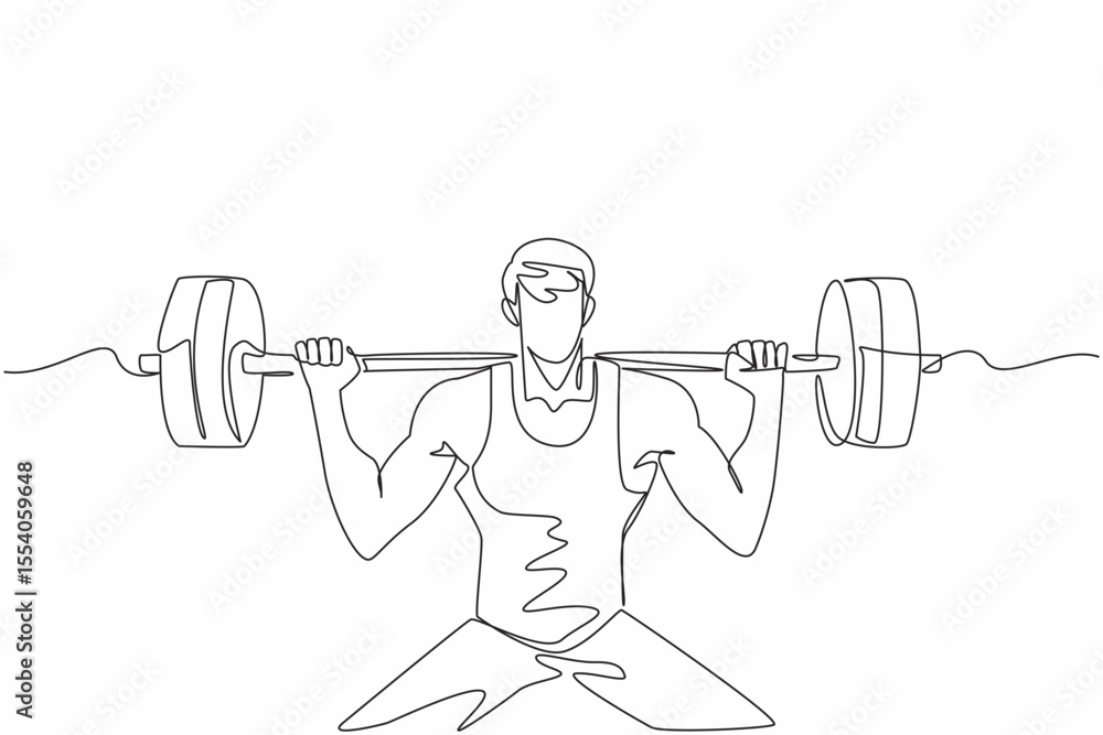 Poster continuous one line drawing man lifting a barbell on shoulders with both hands. lifting with the hel