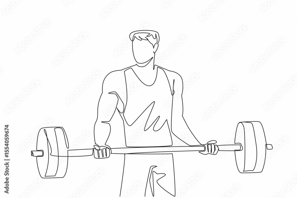 Aufkleber single continuous line drawing man lifting a barbell with both hands. practice adding two barbell ri