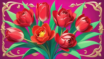 Vibrant bouquet of red tulips against a deep magenta background.