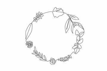 Continuous one line drawing some leaves and flowers in circle. Herbal medicine for health. Contains no chemicals. Fresher and healthier. National Herb Day. Single line draw design vector illustration