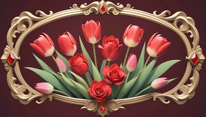 Ornate frame showcasing a bouquet of tulips and roses.