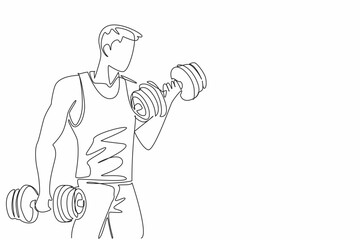 Single one line drawing a man lifting dumbbells in each hand. Build muscle in both arms at once. Appear more confident.  Sporty. National Fitness Day. Continuous line design graphic illustration