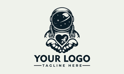 Astronaut logo design featuring a heart holding a rocket, symbolizing space exploration and passion.