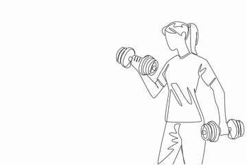 Single continuous line drawing a woman lifting dumbbells in each hand. Exercise to become stronger and healthier. Sweat. Gym. Needs of woman. National Fitness Day. One line design vector illustration