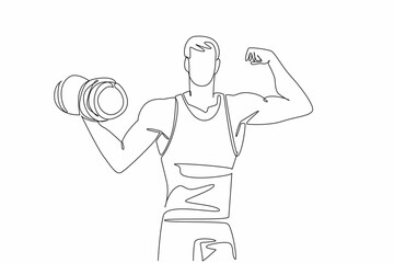 Single one line drawing a man poses while lifting dumbbell. Become active member at the gym. Maintain muscle mass. Stronger than ever. National Fitness Day. Continuous line design graphic illustration